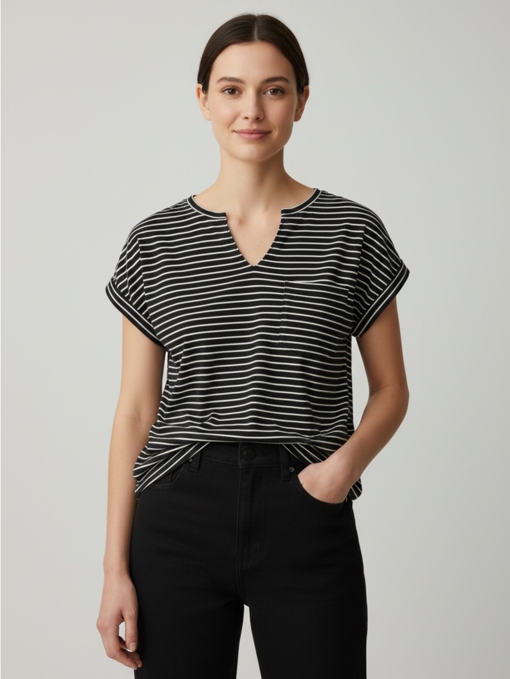 Part Two Black & White Striped V-Neck Tee with Pocket